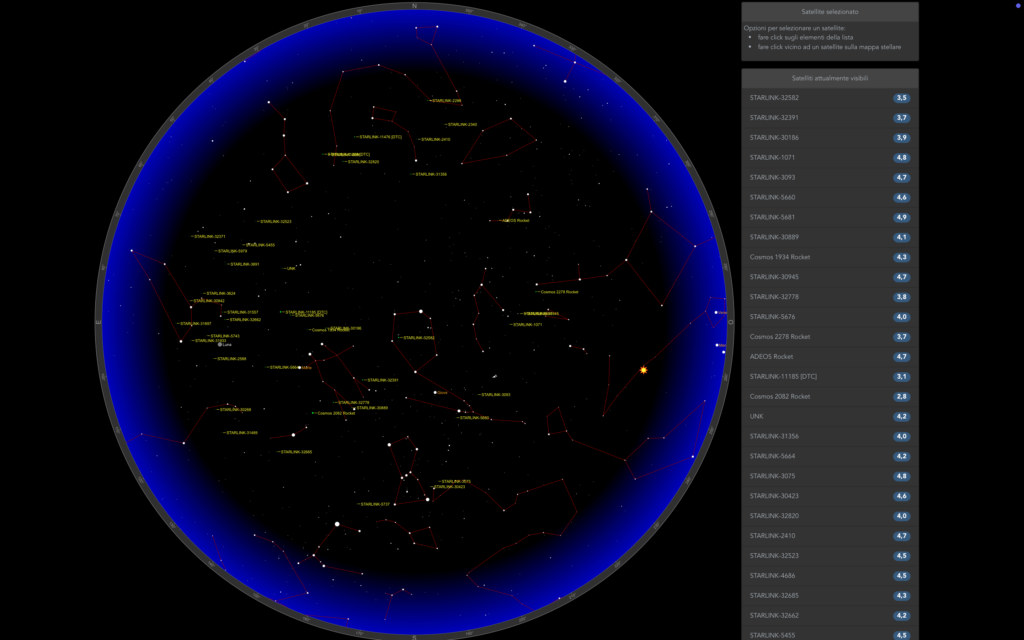 Fig. 4: Screenshot at 5:33 p.m. on April 7, 2025 of satellites passing over Foligno (PG) from the Heavens Above site.